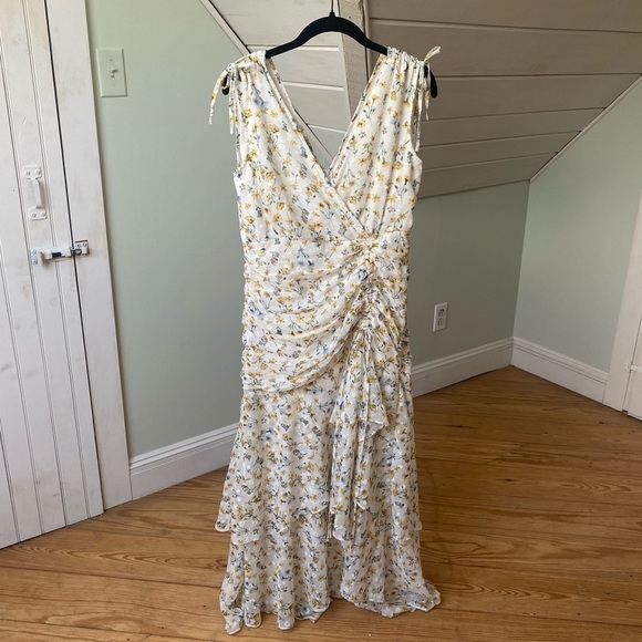 Fanco Becca Tiered Maxi Dress White | Yellow & Blue Floral | Large | High Low - Picture 16 of 16